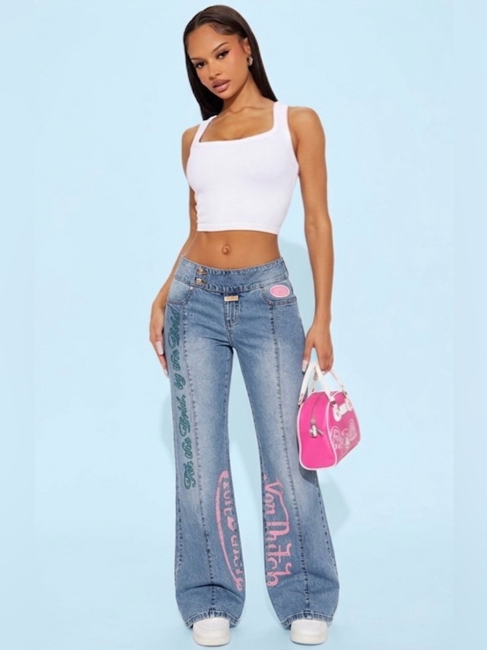 Von Dutch Light Blue Embroidered Flare Jeans